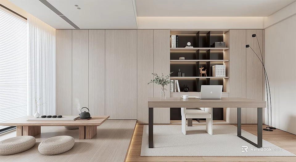 Modern Study Room Interior Design With Wooden Bookshelves Desk Chair And Green Decorative Plant 3d model 