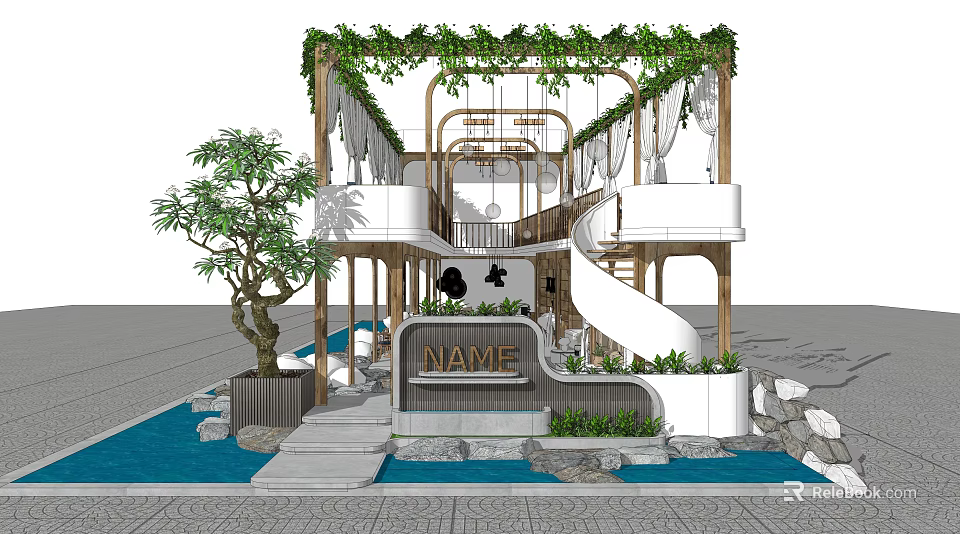 Modern Architectural Entrance Design With Greenery Spiral Staircase Water Pool And NAME Signage 3d model 