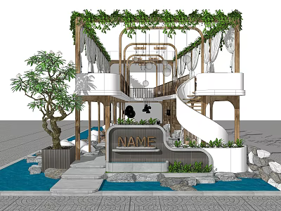 Modern Architectural Entrance Design With Greenery Spiral Staircase Water Pool And NAME Signage 3d model