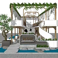 Modern Architectural Entrance Design With Greenery Spiral Staircase Water Pool And NAME Signage