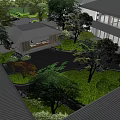 Serene Garden Landscape With Flowing Stream Lush Greenery And Modern Pavilion
