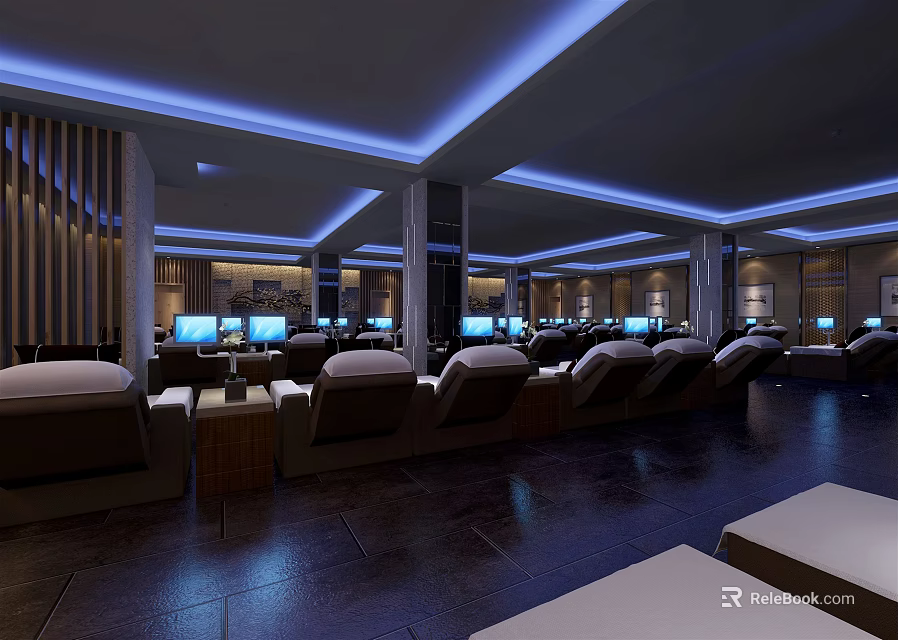 Modern Shop Front Desk With Blue Ceiling Lighting And Comfortable Reception Seating 3d model