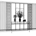 Modern Black Entryway Console Table With Vase Lamp Decor And Gray Striped Wall 3d model