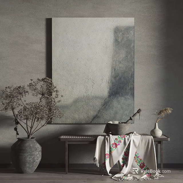 Elegant Interior Decor With Framed Artwork Dried Flowers And Console Table Ornaments 3d model