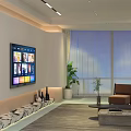 Modern Living Room Interior Design with Wall Mounted TV Display Shelf Coffee Table and Plant