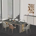 Modern Dining Table Set With Marble Top Chairs Vase Bread Wine Bottle And Window View 3d model