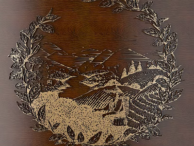 Artistic Wooden Carving Design with Intricate Leaf Mountain and Field Patterns 3d model