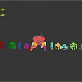 Vibrant Game And Movie Robot Characters Featuring Large Central Green And Smaller Colored Robots