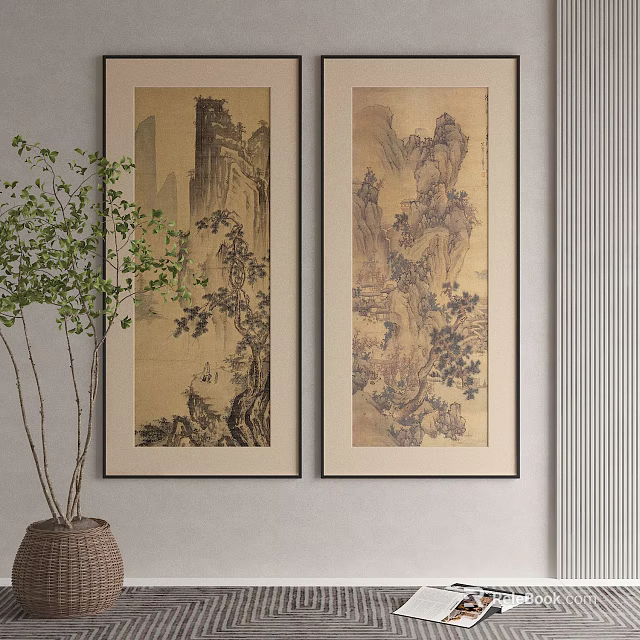 Traditional Chinese Landscape Painting With Mountains Rocks And Trees Hanging On Wall As Home Decor 3d model 