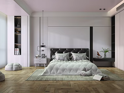 Modern Bedroom Interior With Pink Ceiling Black Headboard And Wooden Flooring 3d model