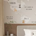 Kids Room Interior With World Map Wall Decal Plush Toy And Storage Cabinets
