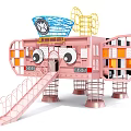 Pink Playground Equipment With Yellow Mickey Ear Shaped Structure Blue Basket Slide And Eye Decorations