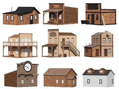 Various Wooden House Designs With Balconies Staircases And Clock Details 3d model
