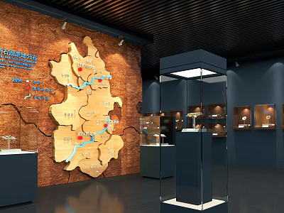 Traditional Cultural Center Interior With Wooden Map Red Markers And Glass Display Cases 3d model