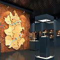 Traditional Cultural Center Interior With Wooden Map Red Markers And Glass Display Cases