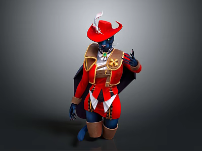 Striking Game And Movie Character With Red Coat Blue Skin Feathered Hat Cape And Badge 3d model