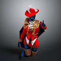 Striking Game And Movie Character With Red Coat Blue Skin Feathered Hat Cape And Badge