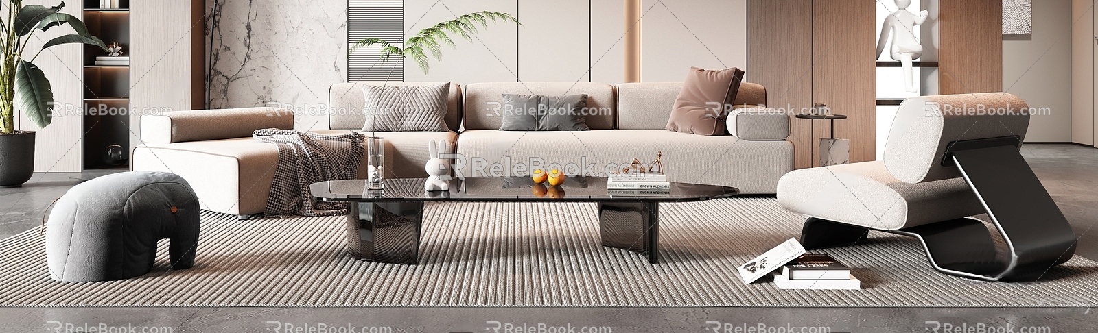 Living room sofa coffee table leisure chair elephant chair potted carpet books sofa background wall model