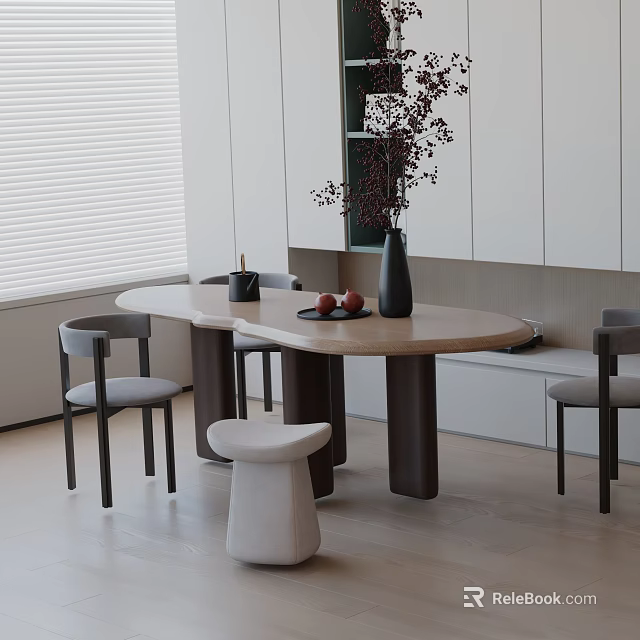 Modern Tea Room Interior With Round Wooden Table Gray Chairs Vase And Fruit Decorations 3d model 
