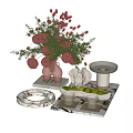 Decorative Ornament Set With Vase Flowers Shell Candle Tray And Marble Base