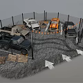 Toy Vehicles in Fenced Area with Gravel Ground Caution Tape and Arrow Signs