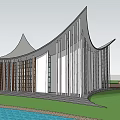 Modern Building With Unique Curved Roof In Waterfront Green Landscape Area