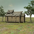 Dilapidated Old Wooden Hut With Large Trees In Open Grassy Field