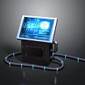 Advanced Digital Device with Screen Blue Interface And Black Base Connected To Glowing Blue Tubes