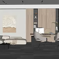 Modern Office Interior Design With White Sofa Wooden Bookshelves And Ergonomic Chairs