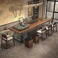 Modern Wooden Tea Table with Marble Top and Matching Chairs in Interior with Tea Sets