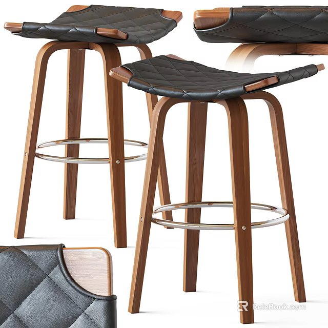 Modern Wooden Bar Stools With Black Quilted Seats And Metal Footrests 3d model 