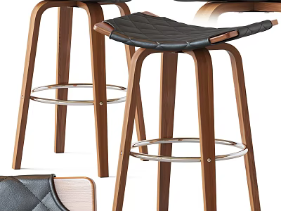Modern Wooden Bar Stools With Black Quilted Seats And Metal Footrests 3d model