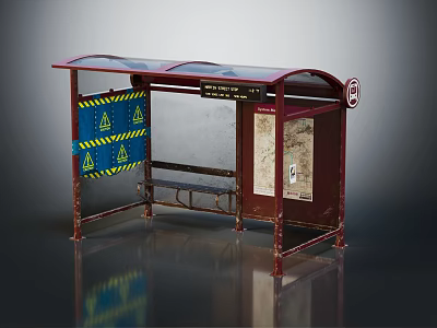 Bus Stop Shelter With Red Roof Blue Construction Warning Sign Metal Bench And Route Map 3d model