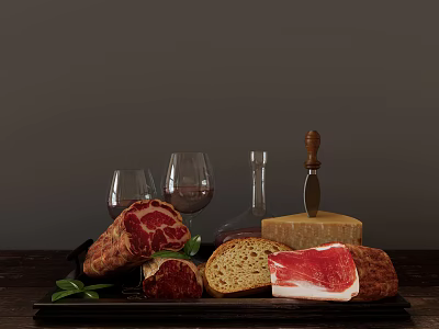 Assorted Meat Platter with Steak Ham Bread Cheese Wine Glasses Bottle and Knife on Table 3d model