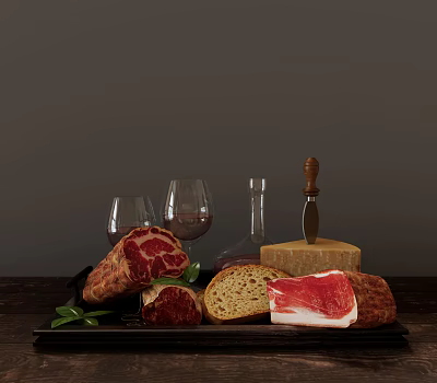 Assorted Meat Platter with Steak Ham Bread Cheese Wine Glasses Bottle and Knife on Table 3d model