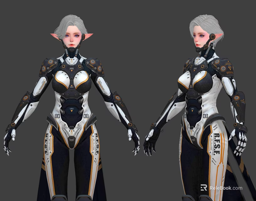 Silver Haired Female Elf In Futuristic Mechanical Armor With Dual Poses 3d model 