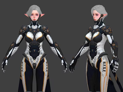 Silver Haired Female Elf In Futuristic Mechanical Armor With Dual Poses 3d model
