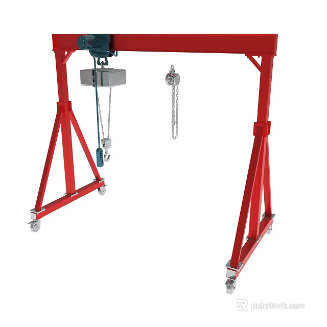 Red Gantry Crane With Wheels Chain And Hoist For Lifting Tasks 3d model 