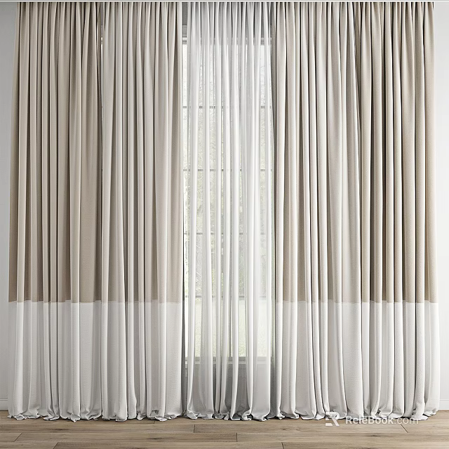 Elegant Curtains Interior Design With Beige Drapes And Sheer White Panels 3d model 