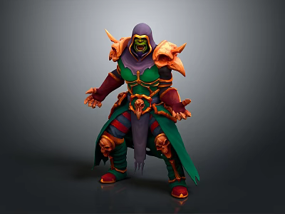 Hooded Game and Movie Character With Green Face Bone Decorated Armor and Purple Cloak 3d model