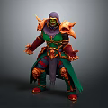 Hooded Game and Movie Character With Green Face Bone Decorated Armor and Purple Cloak