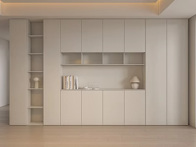 Modern Light Colored Wine Cabinet Interior With Open Shelves Closed Cabinets And Decorative Lamp 3d model