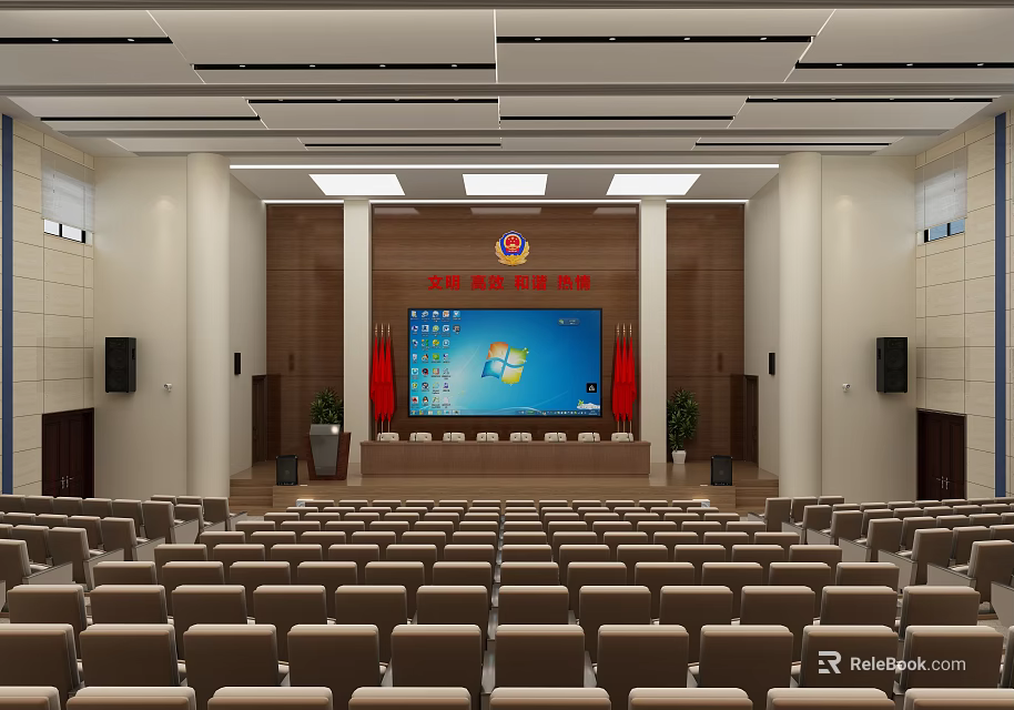 Large Conference Room Interior With Rows of Seats Front Stage National Flags and Projection Screen 3d model 