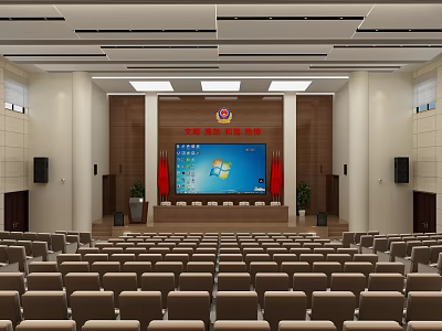 Large Conference Room Interior With Rows of Seats Front Stage National Flags and Projection Screen 3d model