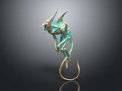3D Rendered Mythical Teal And Gold Creature With Wings Sharp Teeth Long Tail 3d model