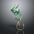 3D Rendered Mythical Teal And Gold Creature With Wings Sharp Teeth Long Tail