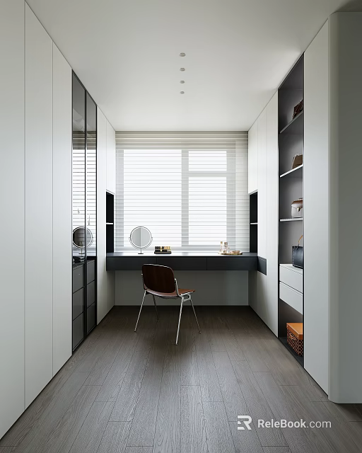 Modern Walk-in Closet with White Cabinetry Window Blinds Dressing Table and Wooden Flooring 3d model 