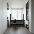 Modern Walk-in Closet with White Cabinetry Window Blinds Dressing Table and Wooden Flooring