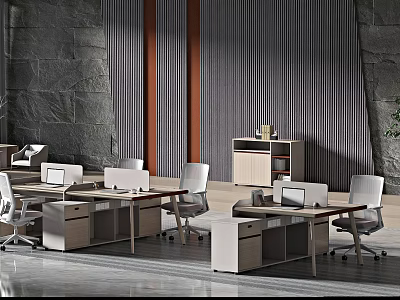 Modern Open Office Interior With Desks Computers Chairs Stone Walls Striped Decor And Green Plant 3d model