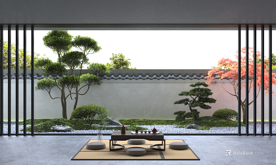 Traditional Chinese Garden Landscape With Tiled Wall Pine Tree Red Leaves Gravel And Tea Area 3d model 